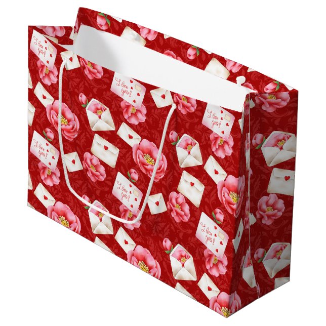 GRAND SAC CADEAU FLEURS ROSES & VALENTINES NOTES D'AMOUR (Devant Angle)