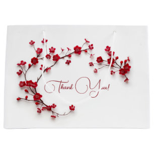 Grand Sac Cadeau Fleurs rouges de cerisiers 3D Merci blanc