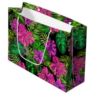 Grand Sac Cadeau Fleurs tropicales et plantes en noir