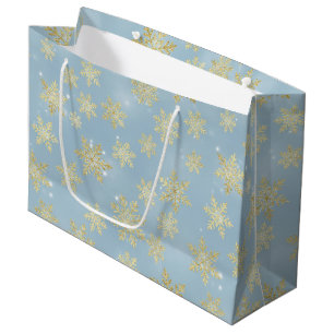 Grand Sac Cadeau Flocons de neige dorés sur fond bleu ciel – Hiver
