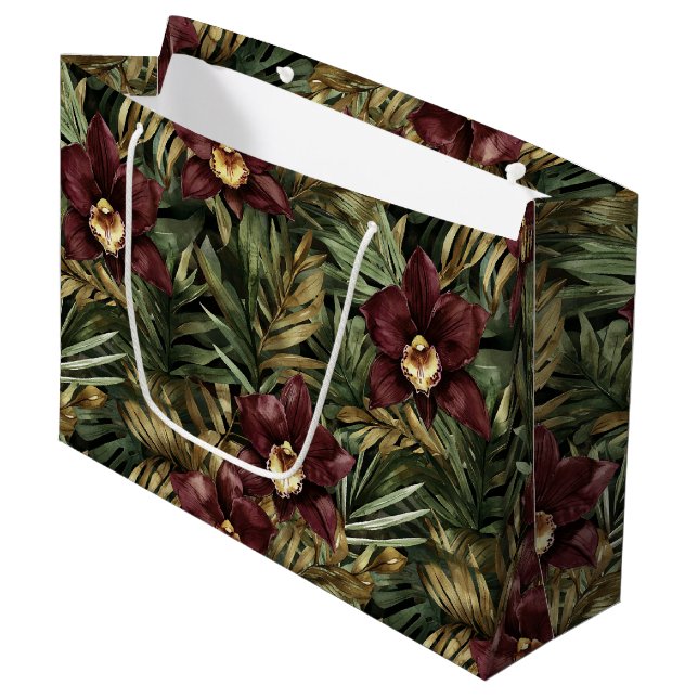 Grand Sac Cadeau Floral d'orchidée rouge de Bourgogne (Devant Angle)