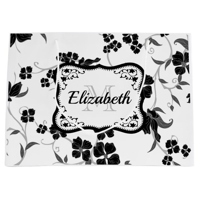 Grand Sac Cadeau Floral noir et blanc (Devant)