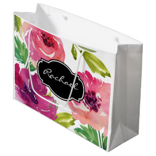 Grand Sac Cadeau Flore à aquarelle tendance avec nom