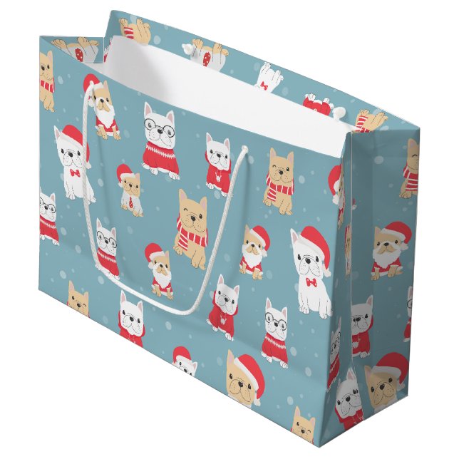 Grand Sac Cadeau Français Bulldog Français Motif de Noël (Devant Angle)