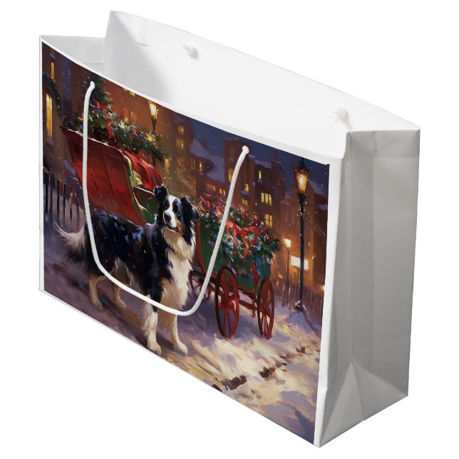Grand Sac Cadeau Frontière Collie Festive de Noël (Devant Angle)