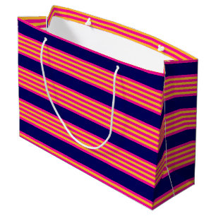 Grand Sac Cadeau Fuchsia et rayures jaunes avec bleu marine