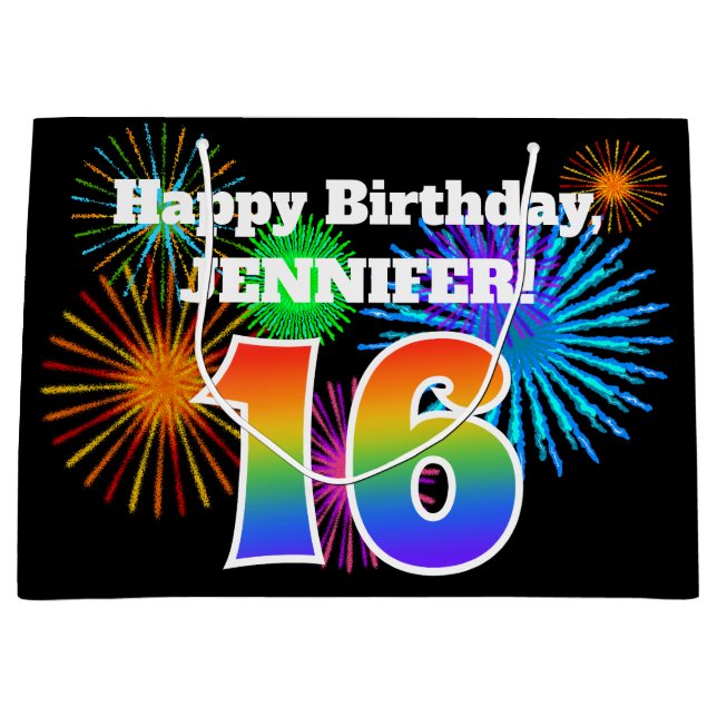 Grand Sac Cadeau Fun Fireworks + Rainbow Motif "16" Anniversaire # (Devant)