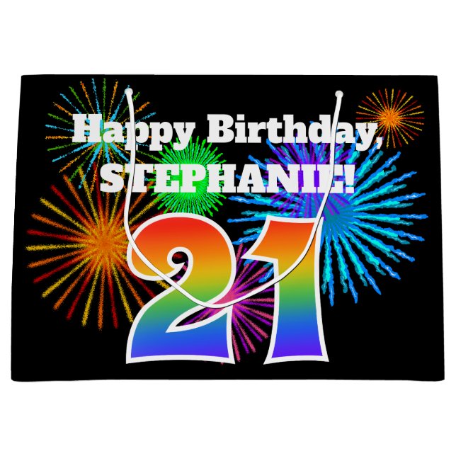 Grand Sac Cadeau Fun Fireworks + Rainbow Motif "21" Anniversaire # (Devant)