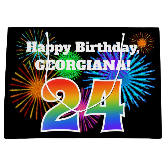 Grand Sac Cadeau Fun Fireworks + Rainbow Motif "24" Anniversaire # (Devant)