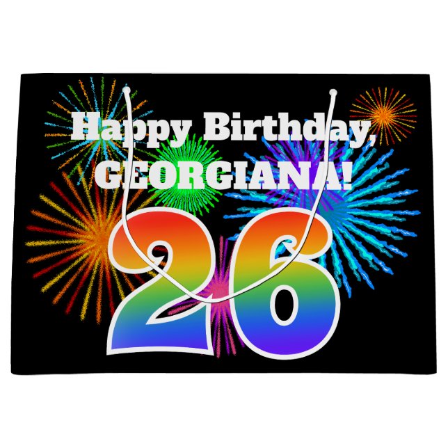 Grand Sac Cadeau Fun Fireworks + Rainbow Motif "26" Anniversaire # (Devant)