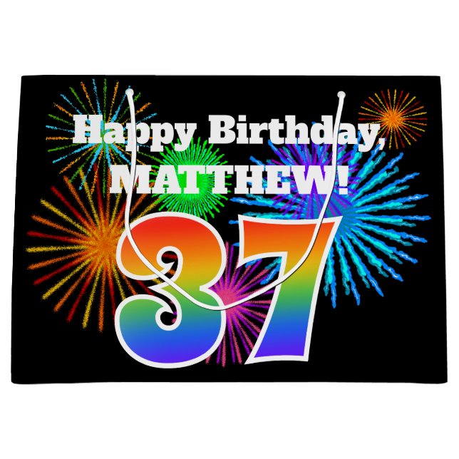 Grand Sac Cadeau Fun Fireworks + Rainbow Motif "37" Anniversaire # (Devant)
