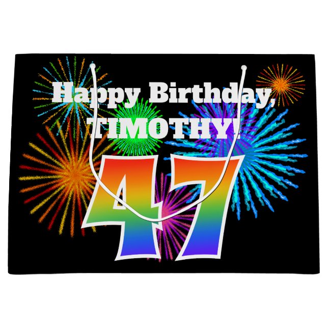 Grand Sac Cadeau Fun Fireworks + Rainbow Motif "47" Anniversaire # (Devant)