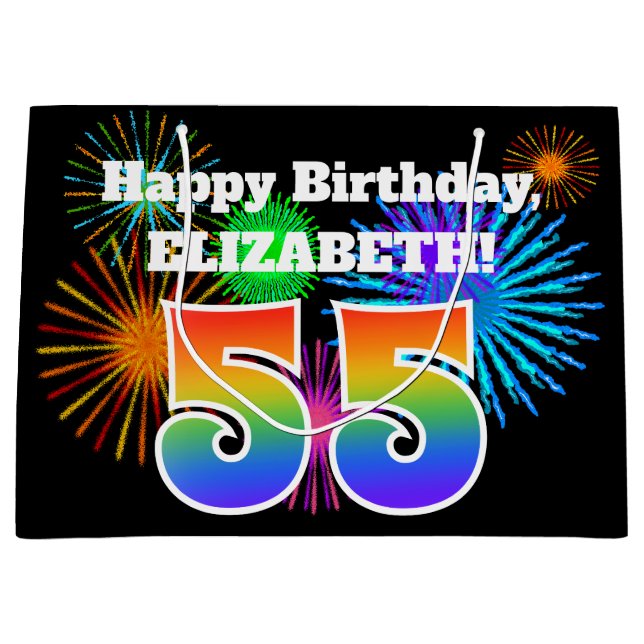Grand Sac Cadeau Fun Fireworks + Rainbow Motif "55" Anniversaire # (Devant)