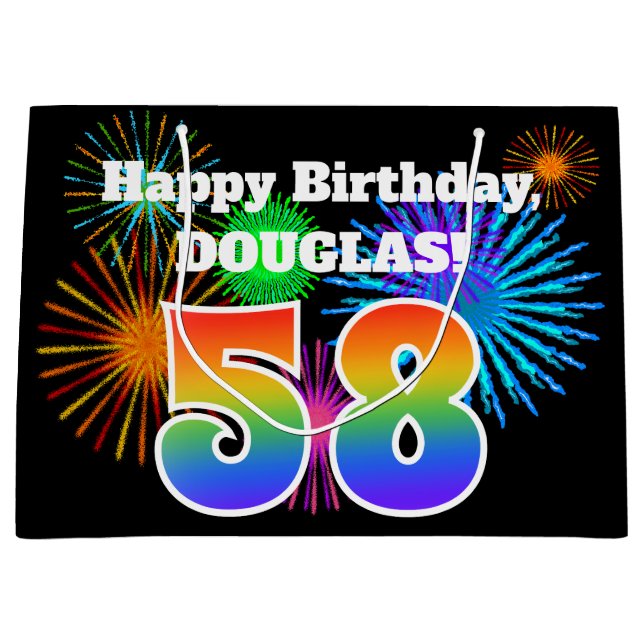 Grand Sac Cadeau Fun Fireworks + Rainbow Motif "58" Anniversaire # (Devant)