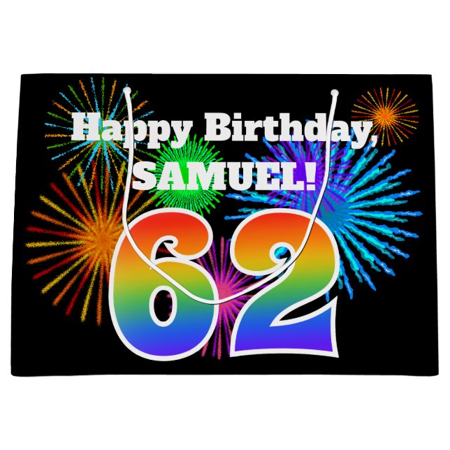 Grand Sac Cadeau Fun Fireworks + Rainbow Motif "62" Anniversaire # (Devant)