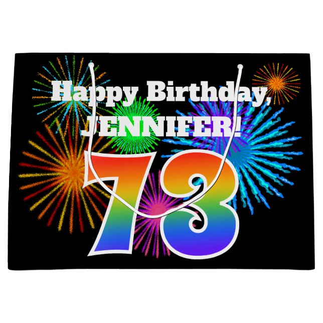 Grand Sac Cadeau Fun Fireworks + Rainbow Motif "73" Anniversaire # (Devant)