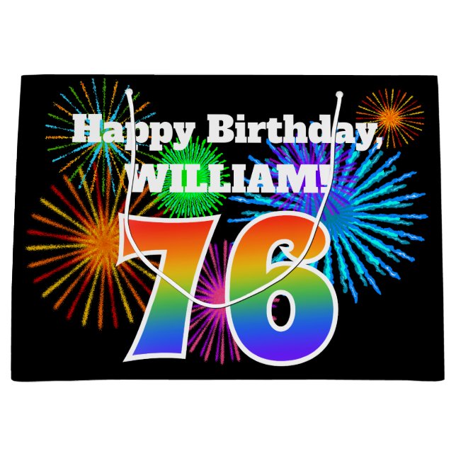 Grand Sac Cadeau Fun Fireworks + Rainbow Motif "76" Anniversaire # (Devant)