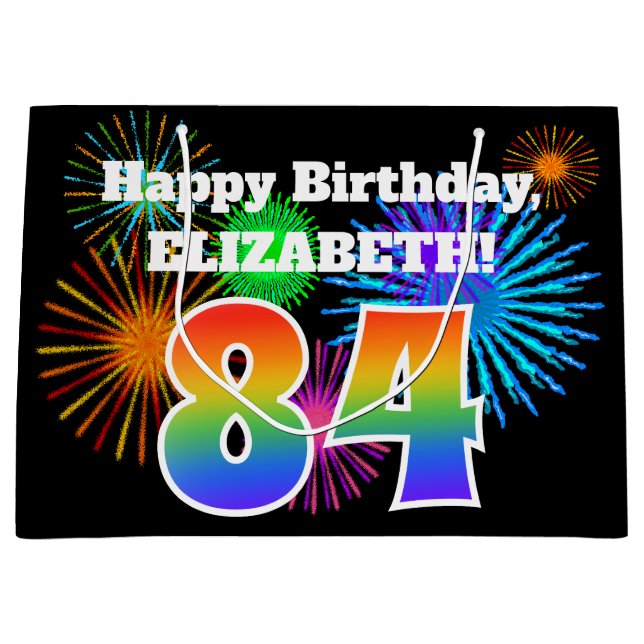 Grand Sac Cadeau Fun Fireworks + Rainbow Motif "84" Anniversaire # (Devant)