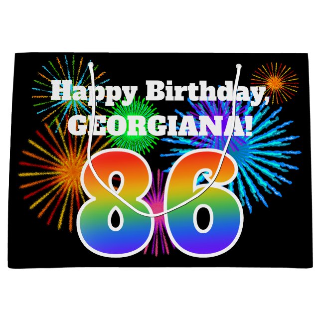 Grand Sac Cadeau Fun Fireworks + Rainbow Motif "86" Anniversaire # (Devant)