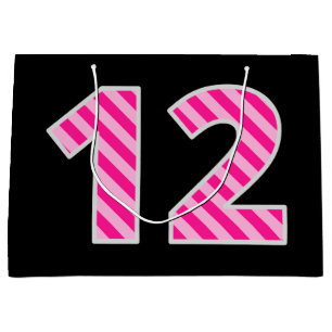 Grand Sac Cadeau Fun rose rayé "12"; Joyeux 12e anniversaire; Nom