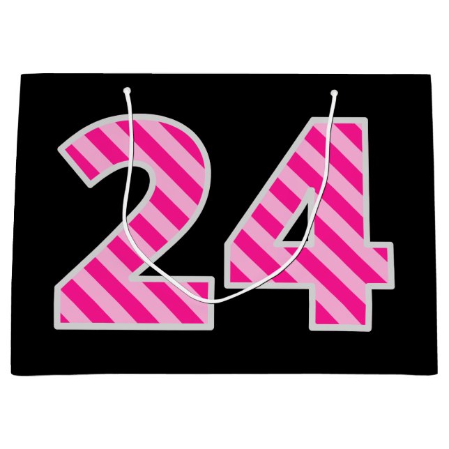 Grand Sac Cadeau Fun rose rayé "24"; Joyeux 24e anniversaire; Nom (Devant)