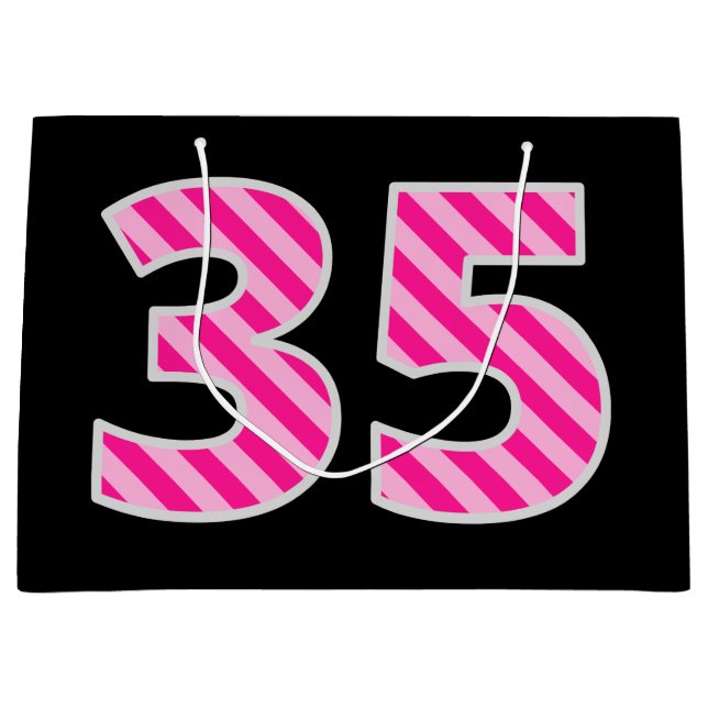 Grand Sac Cadeau Fun rose rayé "35"; Joyeux 35e anniversaire; Nom (Devant)