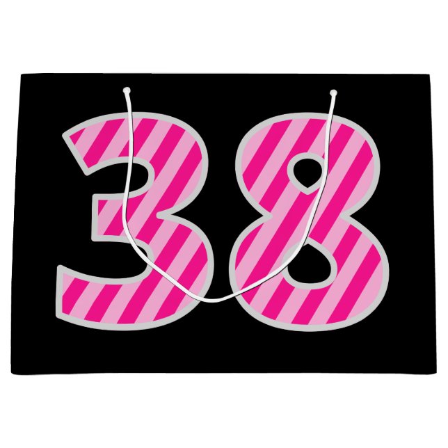 Grand Sac Cadeau Fun rose rayé "38"; Joyeux 38e anniversaire; Nom (Devant)