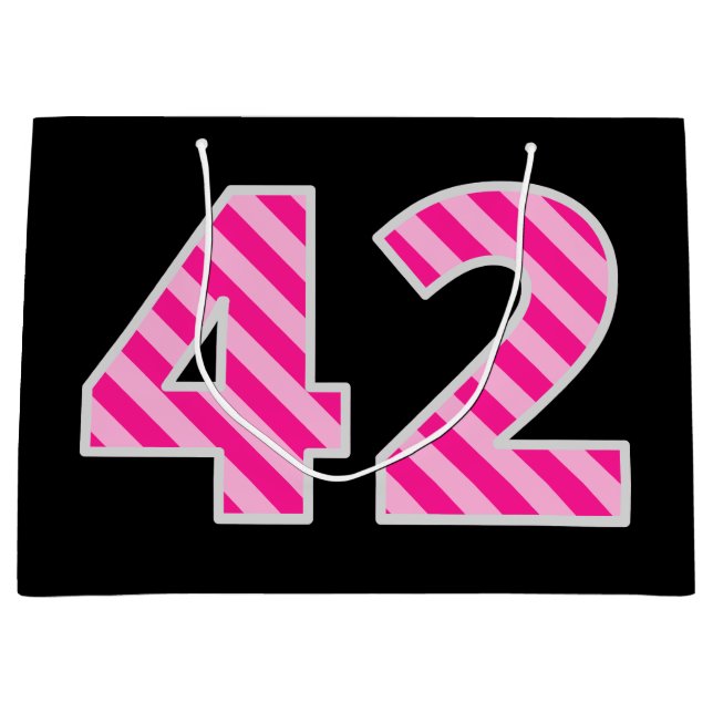 Grand Sac Cadeau Fun rose rayé "42"; Joyeux 42e anniversaire; Nom (Devant)