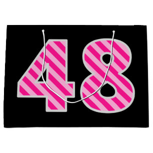 Grand Sac Cadeau Fun rose rayé "48"; Joyeux 48e anniversaire; Nom