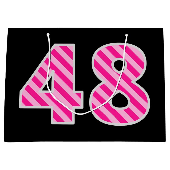 Grand Sac Cadeau Fun rose rayé "48"; Joyeux 48e anniversaire; Nom (Devant)