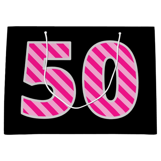 Grand Sac Cadeau Fun rose rayé "50"; Joyeux 50e anniversaire; Nom (Devant)