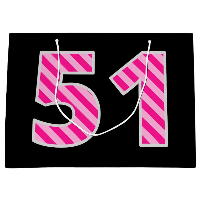Grand Sac Cadeau Fun rose rayé "51"; Joyeux 51e anniversaire; Nom (Devant)