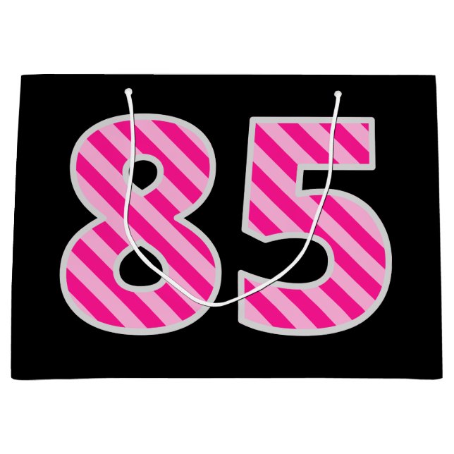 Grand Sac Cadeau Fun rose rayé "85"; Joyeux 85e anniversaire; Nom (Devant)