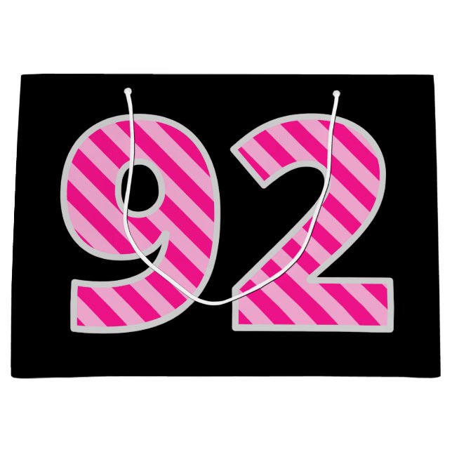 Grand Sac Cadeau Fun rose rayé "92"; Joyeux 92e anniversaire; Nom (Devant)