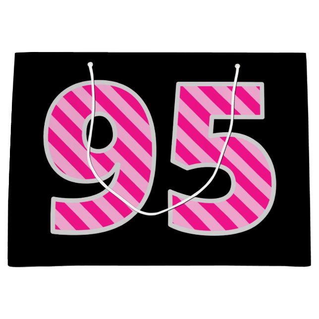 Grand Sac Cadeau Fun rose rayé "95"; Joyeux 95e anniversaire; Nom (Devant)