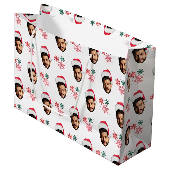 Grand Sac Cadeau Funky Custom Face Photo Père Noël Head Snowflake (Devant Angle)