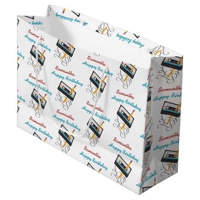 Grand Sac Cadeau Funny 80s Musique Retro Cassette Anniversaire Nom (Devant Angle)