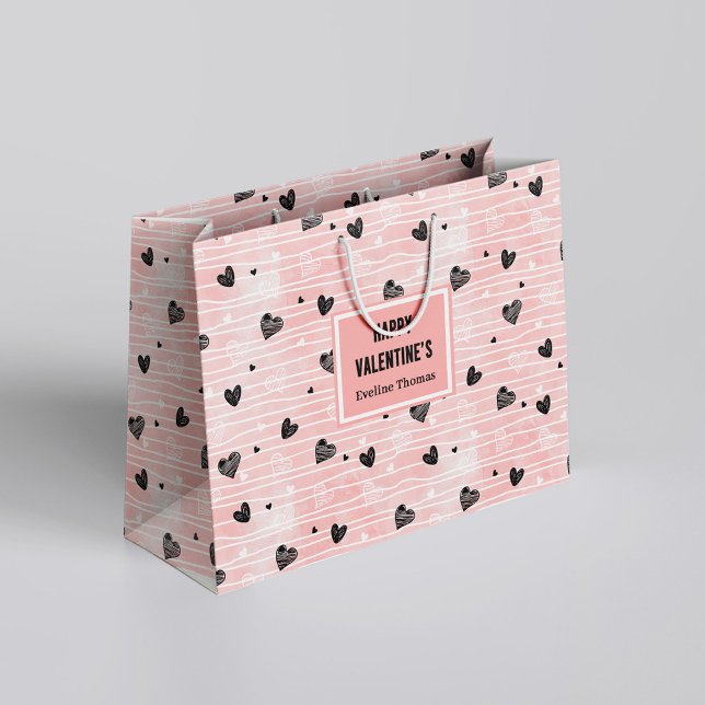 Grand Sac Cadeau Galentine Gift Bag Pink Black Hearts Love Letterin (Galentine Gift Bag Pink Black Hearts Love Lettering)