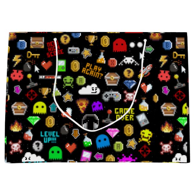 Grand Sac Cadeau Gamer Retro Pixel Vidéo Jeu Icônes Envelopper Pape (Devant)