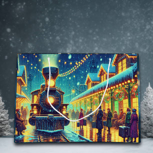 Grand Sac Cadeau Gare vintage de Noël le soir de neige la nuit