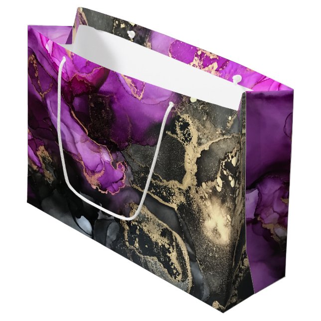 Grand Sac Cadeau Géode Abstraite marbrage noir violet unique (Devant Angle)