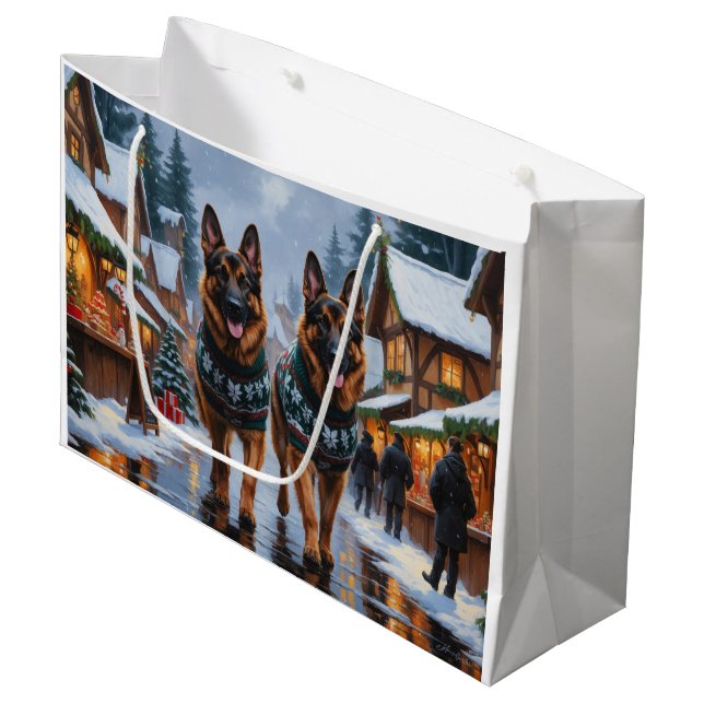 Grand Sac Cadeau German Shepherd Dogs Christmas Snow Holiday (Devant Angle)