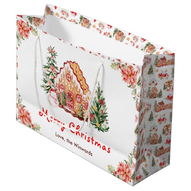 Grand Sac Cadeau Gingerbread House Red Merry Christmas (Devant Angle)
