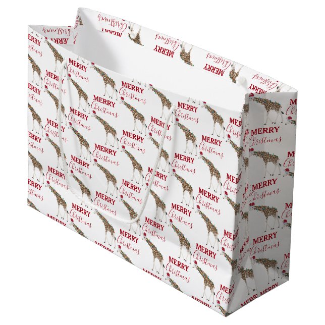 Grand Sac Cadeau Giraffe de Noël animal drôle avec chapeau de Noël (Devant Angle)