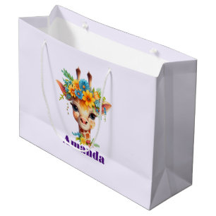 Grand Sac Cadeau Giraffe mignonne à couronne florale