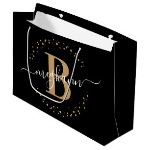 Grand Sac Cadeau Girly Elegant Black Gold Nom Monogramme Script