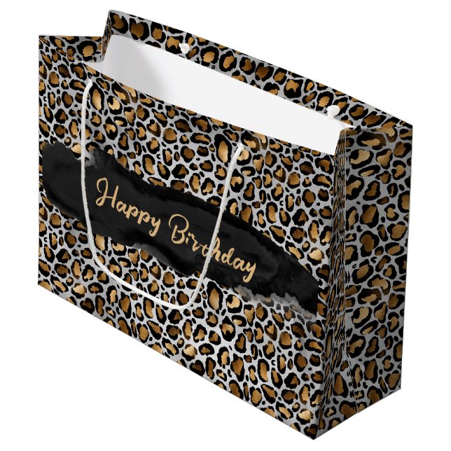 Grand Sac Cadeau Glam Empreinte de léopard métallique (Devant Angle)