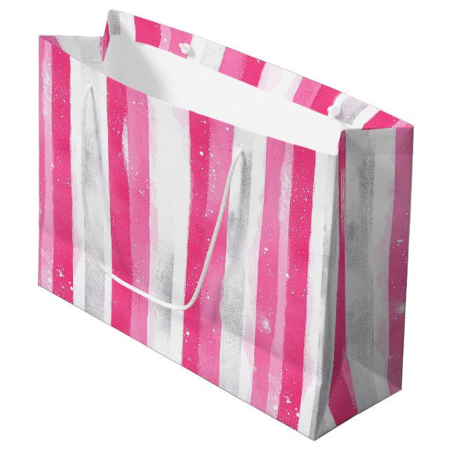 Grand Sac Cadeau Glam en argent rose Abstraites rayures Anniversair (Devant Angle)