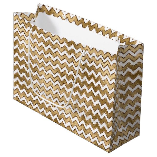 Grand Sac Cadeau Glam Gold White Zigzag (Devant Angle)