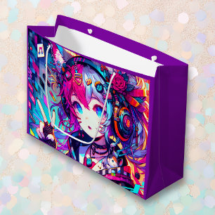 Grand Sac Cadeau Glitchcore coloré Anime Girl Artwork Anniversaire
